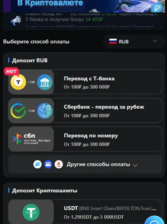 Окно «Пополнить» в Lucky Bear: рублёвый депозит через Т-Банк, Сбербанк и СБП в диапазоне от 100 до 300 000 ₽ и блок криптовалюты ниже